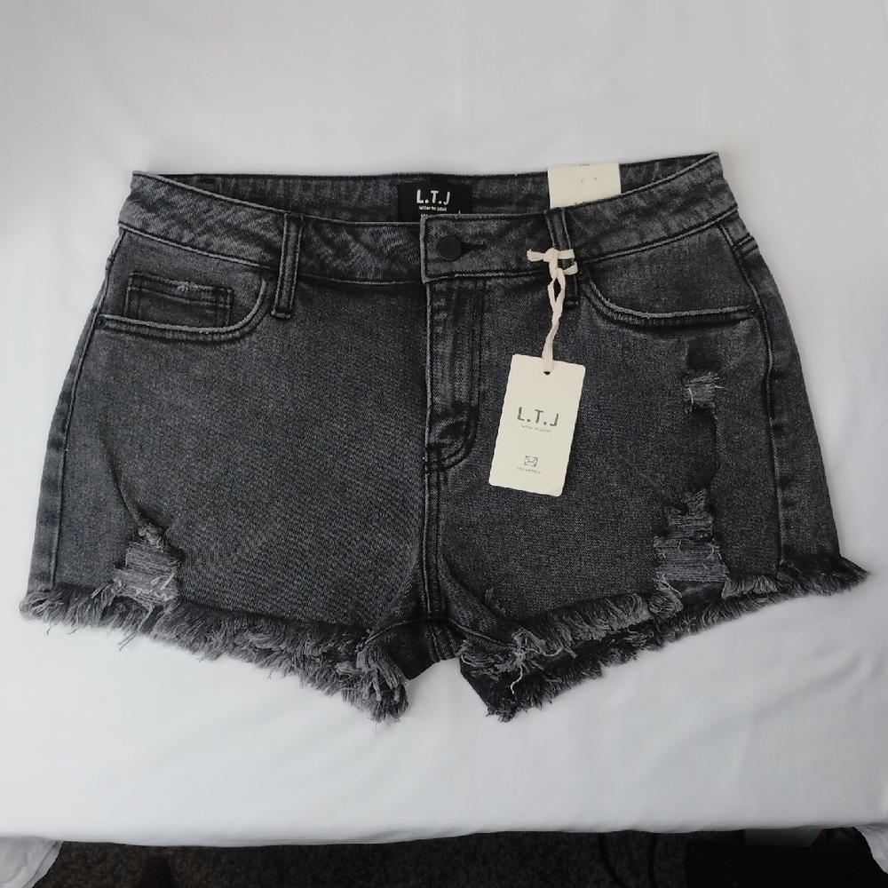 L.T.J. Letter to Juliet Distressed Women's Acid Black Stretch Denim Jean Shorts